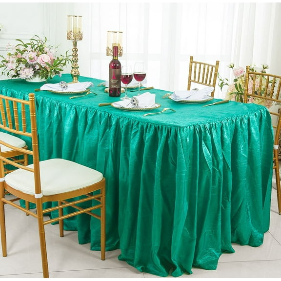 Wedding Linens Inc. 8' (96"x30") Rectangular Ruffled Fitted Crushed Crinkle Taffeta Tablecloth With Skirt - Jade