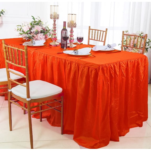 Wedding Linens Inc. 8' (96"x30") Rectangular Ruffled Fitted Crushed Crinkle Taffeta Tablecloth With Skirt - Orange