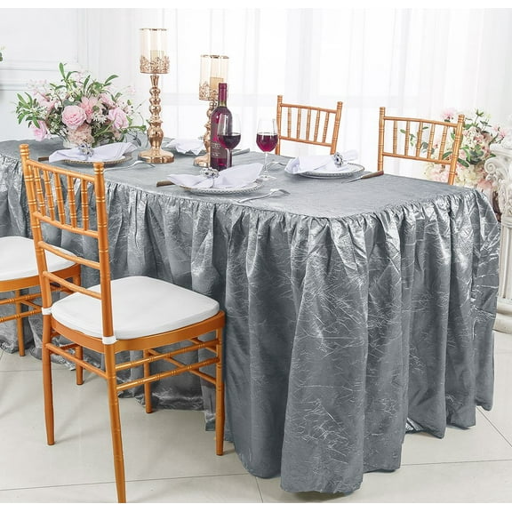 Wedding Linens Inc. 8' (96"x30") Rectangular Ruffled Fitted Crushed Crinkle Taffeta Tablecloth With Skirt - Silver / Gray