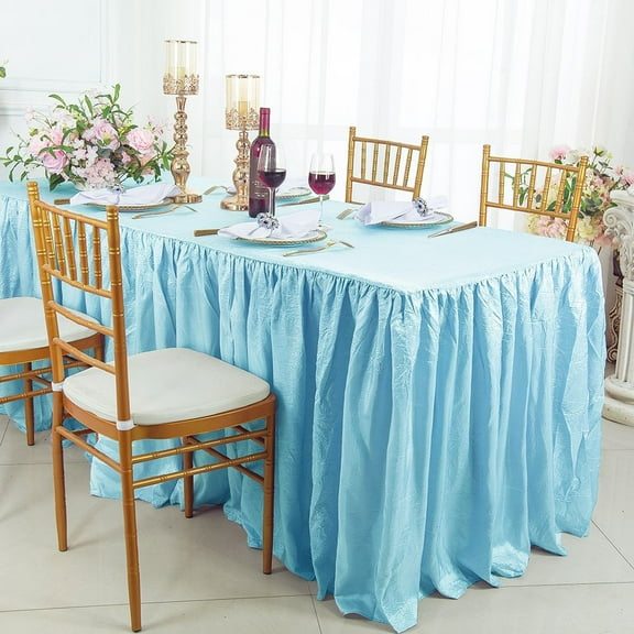Wedding Linens Inc. 8' ft (30"x96") Rectangular Ruffled Fitted Crushed Crinkle Taffeta Tablecloth With Skirt for Party, wedding, events, dcor - Baby Blue