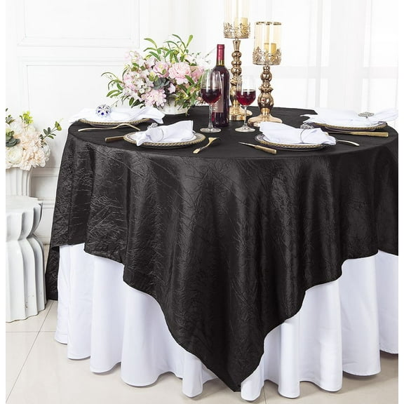 Wedding Linens Inc. 85" Square Crushed Crinkle Taffeta Table Overlay Toppers - Black