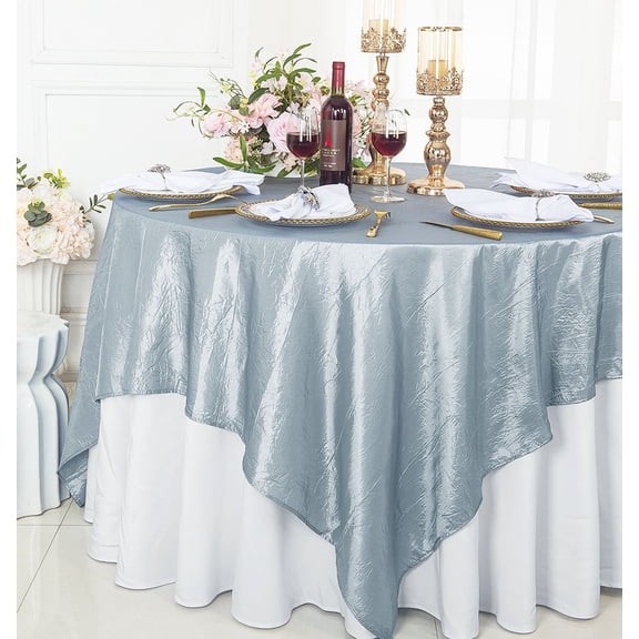 Wedding Linens Inc. 85" Square Crushed Crinkle Taffeta Table Overlay Toppers - Dusty Blue