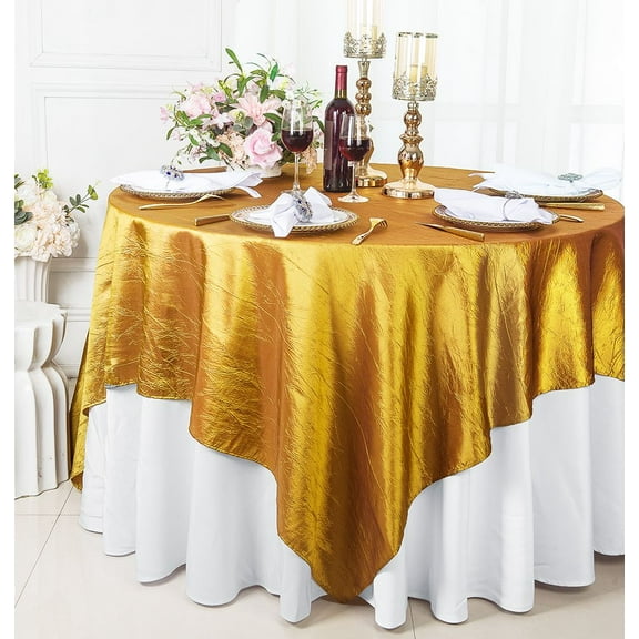 Wedding Linens Inc. 85" Square Crushed Crinkle Taffeta Table Overlay Toppers - Gold