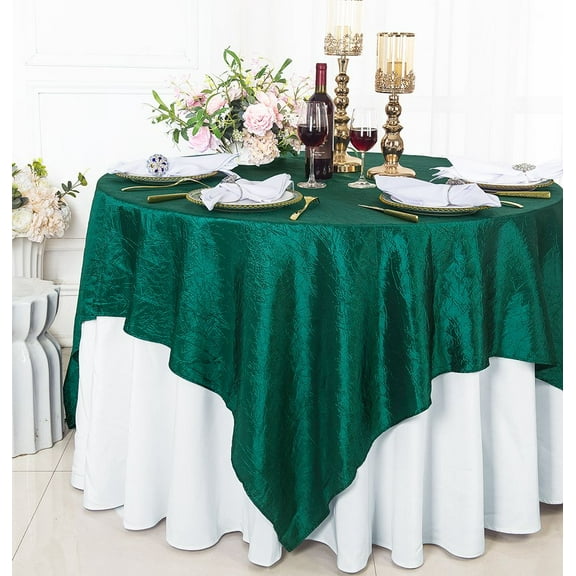 Wedding Linens Inc. 85" Square Crushed Crinkle Taffeta Table Overlay Toppers -Hunter Green / Holly Green