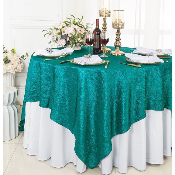 Wedding Linens Inc. 85" Square Crushed Crinkle Taffeta Table Overlay Toppers - Oasis