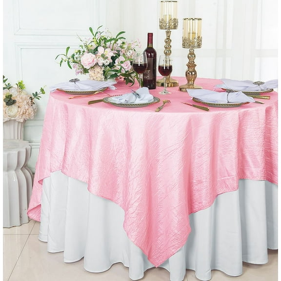 Wedding Linens Inc. 85" Square Crushed Crinkle Taffeta Table Overlay Toppers - Pink