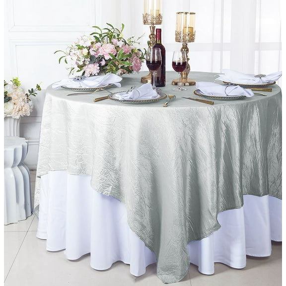 Wedding Linens Inc. 85" Square Crushed Crinkle Taffeta Table Overlay Toppers - Platinum