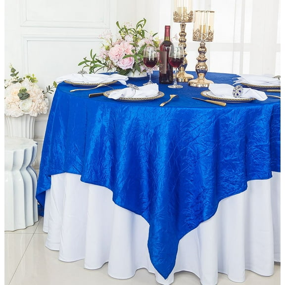 Wedding Linens Inc. 85" Square Crushed Crinkle Taffeta Table Overlay Toppers - RoyalBlue
