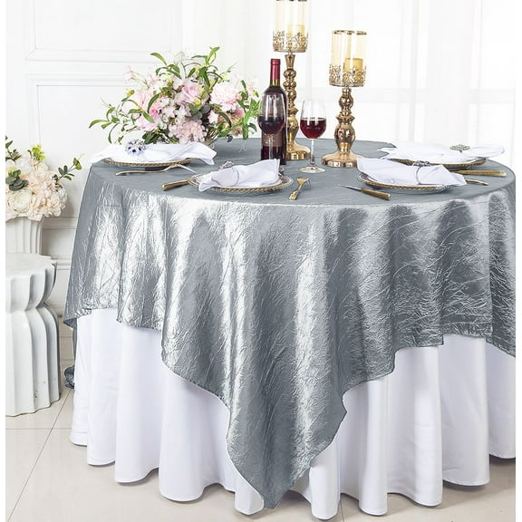Wedding Linens Inc. 85" Square Crushed Crinkle Taffeta Table Overlay Toppers - Silver