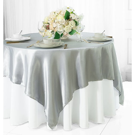 Wedding Linens Inc. 85 inch Square Satin Table Overlay Toppers - Platinum