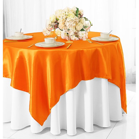 Wedding Linens Inc. 85 inch Square Satin Table Overlay Toppers- Tangerine