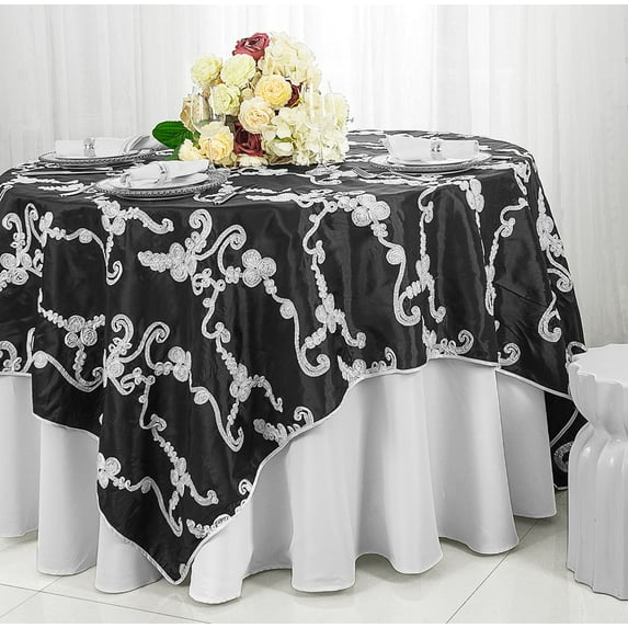 Wedding Linens Inc. 85" x 85'' Square Seamless Ribbon Taffeta Table Overlay Toppers - Black & White