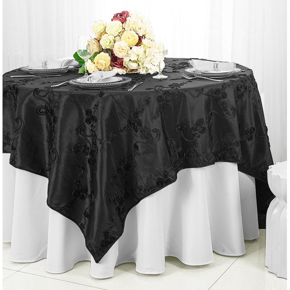 Wedding Linens Inc. 85" x 85'' Square Seamless Ribbon Taffeta Table Overlay Toppers - Black