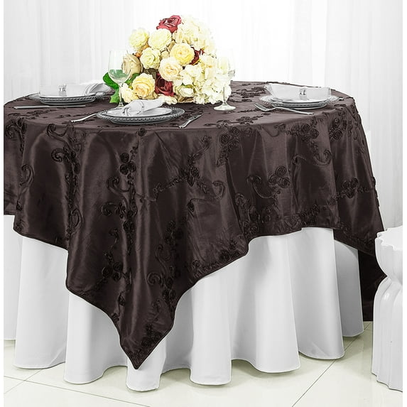 Wedding Linens Inc. 85" x 85'' Square Seamless Ribbon Taffeta Table Overlay Toppers - Chocolate