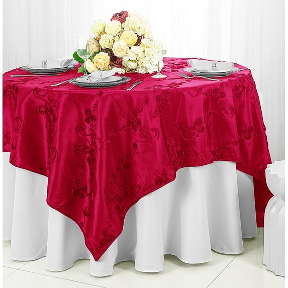 Wedding Linens Inc. 85" x 85'' Square Seamless Ribbon Taffeta Table Overlay Toppers - Fuchsia