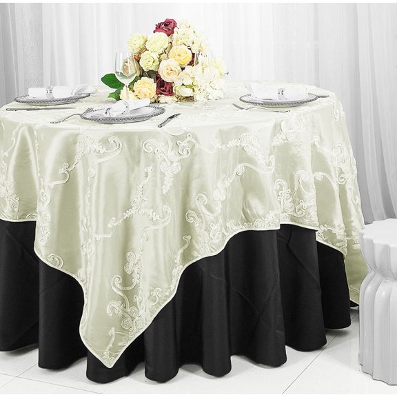 Wedding Linens Inc. 85" x 85'' Square Seamless Ribbon Taffeta Table Overlay Toppers - Ivory