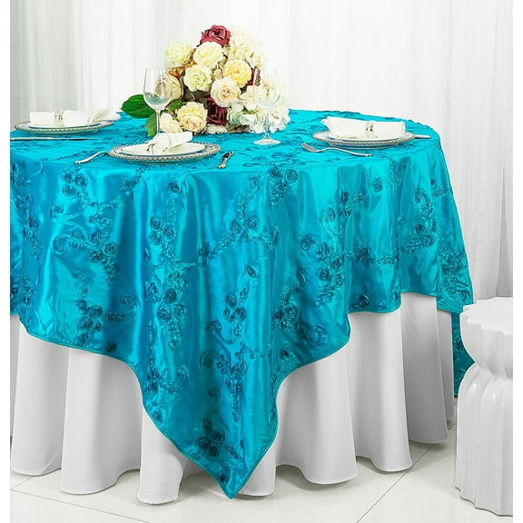 Wedding Linens Inc. 85" x 85'' Square Seamless Ribbon Taffeta Table Overlay Toppers - Turquoise