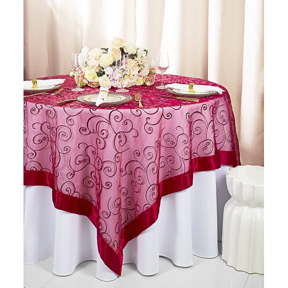 Wedding Linens Inc. 85"x85" Embroidered Organza Sheer Table Overlay Toppers - Apple Red