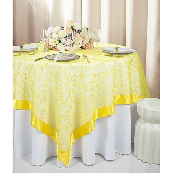 Wedding Linens Inc. 85"x85" Embroidered Organza Sheer Table Overlay Toppers - Canary Yellow