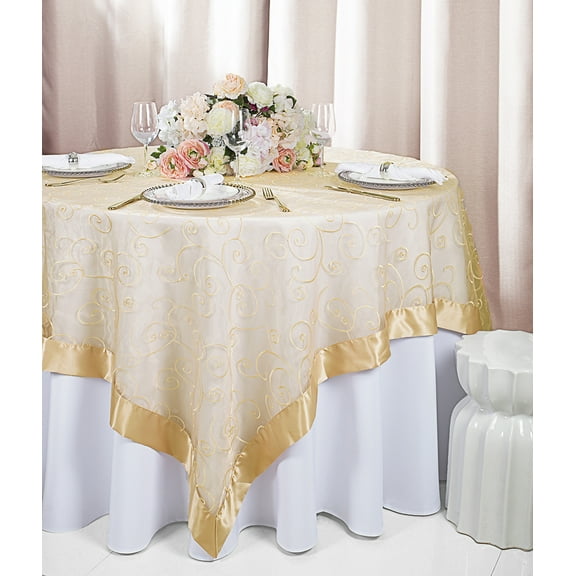 Wedding Linens Inc. 85"x85" Embroidered Organza Sheer Table Overlay Toppers - Champagne