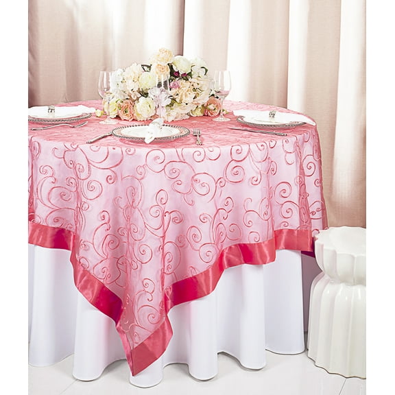 Wedding Linens Inc. 85"x85" Embroidered Organza Sheer Table Overlay Toppers - Coral