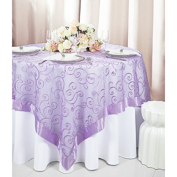 Wedding Linens Inc. 85"x85" Embroidered Organza Sheer Table Overlay Toppers - Lavender