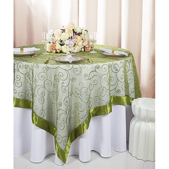 Wedding Linens Inc. 85"x85" Embroidered Organza Sheer Table Overlay Toppers - Moss Green