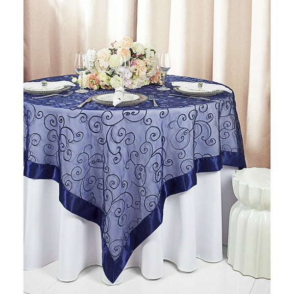 Wedding Linens Inc. 85"x85" Embroidered Organza Sheer Table Overlay Toppers - Navy Blue
