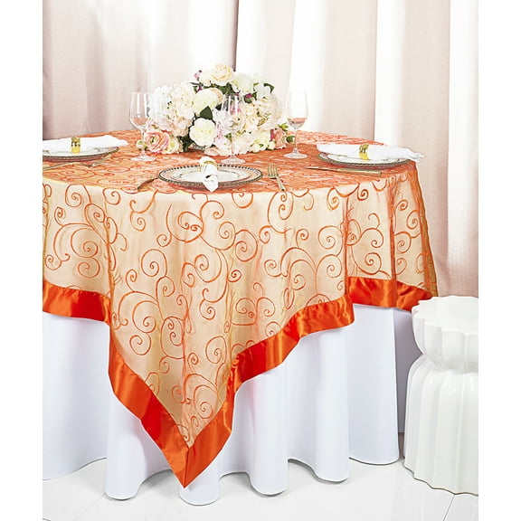Wedding Linens Inc. 85"x85" Embroidered Organza Sheer Table Overlay Toppers - Orange