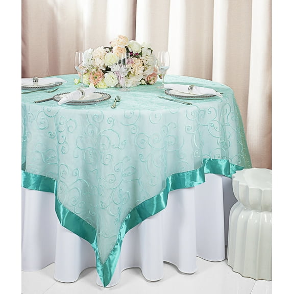 Wedding Linens Inc. 85"x85" Embroidered Organza Sheer Table Overlay Toppers - Pool Blue