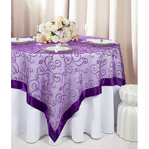 Wedding Linens Inc. 85"x85" Embroidered Organza Sheer Table Overlay Toppers - Purple