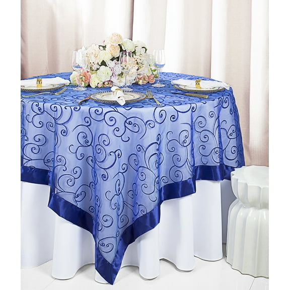 Wedding Linens Inc. 85"x85" Embroidered Organza Sheer Table Overlay Toppers - Royal Blue