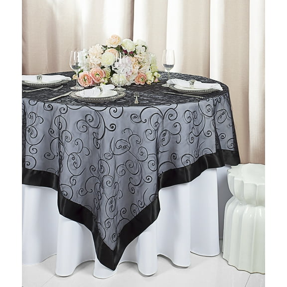 Wedding Linens Inc. 85"x85" Embroidered Organza Sheer Table Overlay Toppers - black