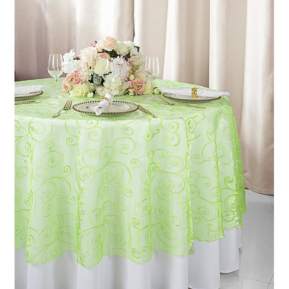 Wedding Linens Inc. 90" Round Embroidered Organza Table Overlay Toppers Tablecloth - Apple Green