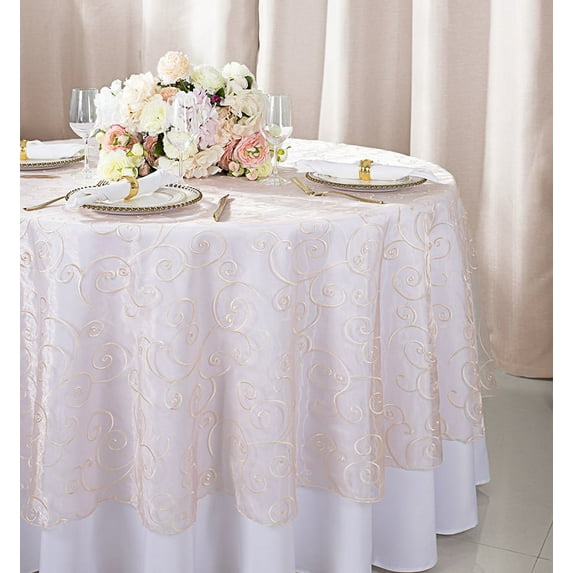 Wedding Linens Inc. 90" Round Embroidered Organza Table Overlay Toppers Tablecloth- Blush Pink