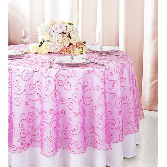 Wedding Linens Inc. 90" Round Embroidered Organza Table Overlay Toppers Tablecloth- Bubble Gum