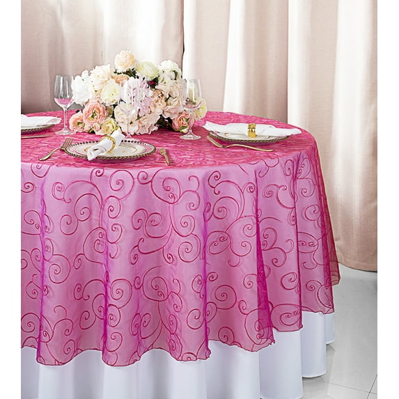 Wedding Linens Inc. 90" Round Embroidered Organza Table Overlay Toppers Tablecloth- Fuchsia