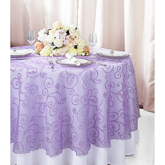 Wedding Linens Inc. 90" Round Embroidered Organza Table Overlay Toppers Tablecloth- Lavender