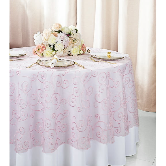 Wedding Linens Inc. 90" Round Embroidered Organza Table Overlay Toppers Tablecloth - Pink
