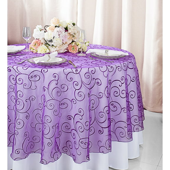 Wedding Linens Inc. 90" Round Embroidered Organza Table Overlay Toppers Tablecloth - Purple