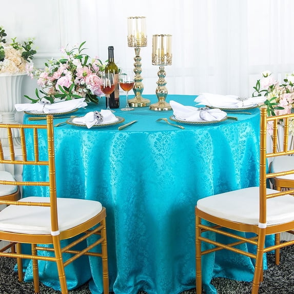 Wedding Linens Inc. 90" Round Marquis Damask Jacquard Polyester Linen Tablecloth Table Covers with Seamless Design - Turquoise