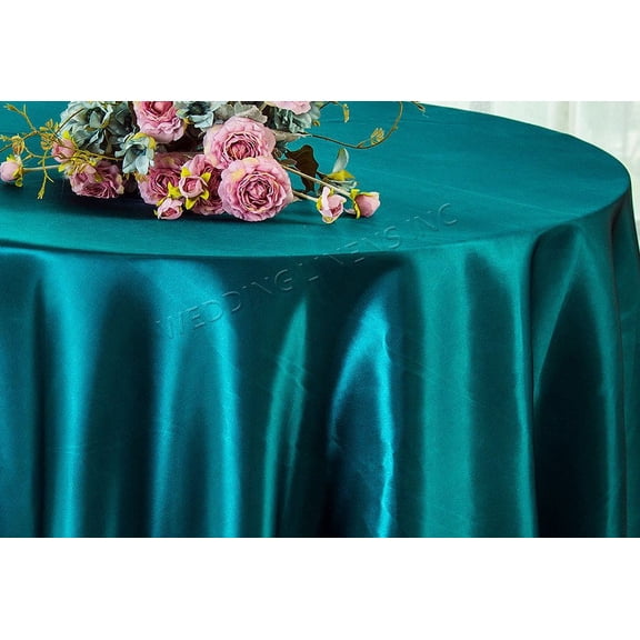 Wedding Linens Inc. 90'' Round Satin Table Cover Tablecloth - Peacock