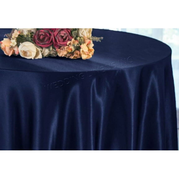Wedding Linens Inc. 90'' Round Satin Table Cover Tablecloth - navy blue
