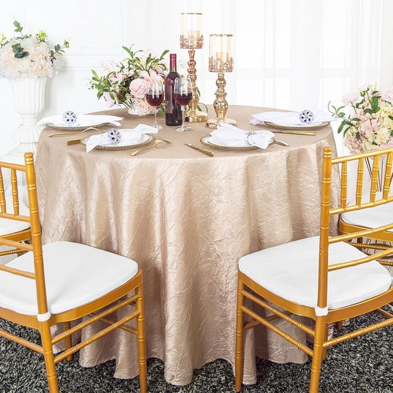 Wedding Linens Inc. 90" Seamless Round Crushed Crinkle Taffeta Tablecloth - Champagne