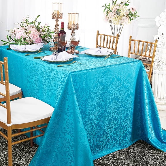 Wedding Linens Inc. 90" x 132'' Rectangular Jacquard Damask Polyester Tablecloth Table cover linen - Turquoise