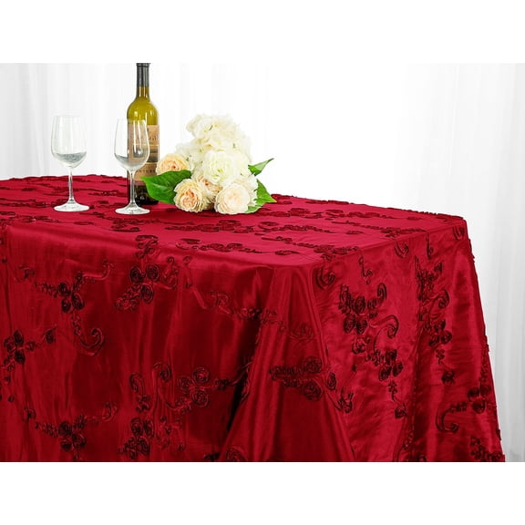 Wedding Linens Inc. 90" x 132'' Rectangular Ribbon Taffeta Tablecloth for Wedding, Luxury Events, Party use - Apple Red