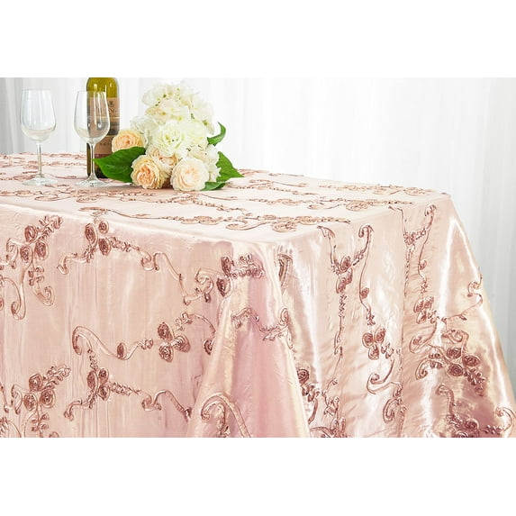 Wedding Linens Inc. 90" x 132'' Rectangular Ribbon Taffeta Tablecloth for Wedding, Luxury Events, Party use - Blush Pink