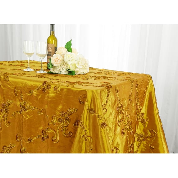 Wedding Linens Inc. 90" x 132'' Rectangular Ribbon Taffeta Tablecloth for Wedding, Luxury Events, Party use - Gold