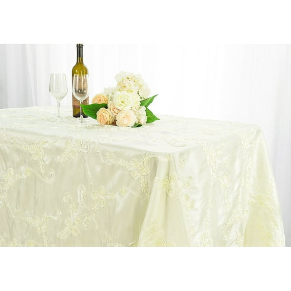 Wedding Linens Inc. 90" x 132'' Rectangular Ribbon Taffeta Tablecloth for Wedding, Luxury Events, Party use - Ivory