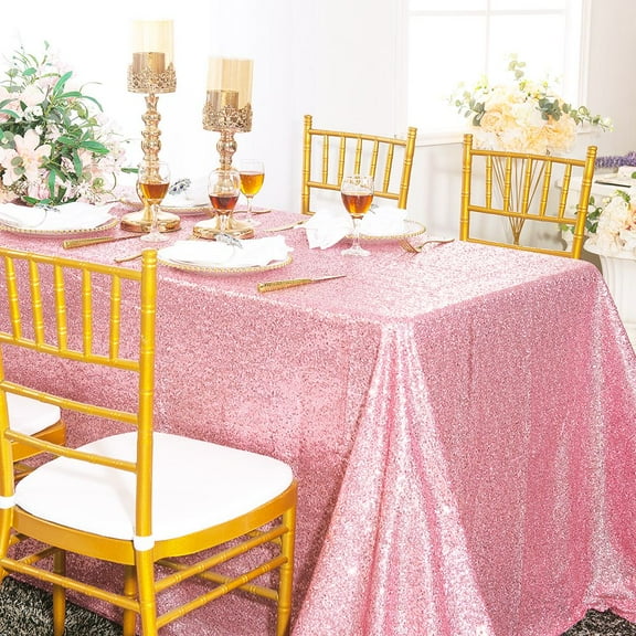 Wedding Linens Inc. 90" x 132" Rectangular Sequin Glitz Taffeta Tablecloth - Pink
